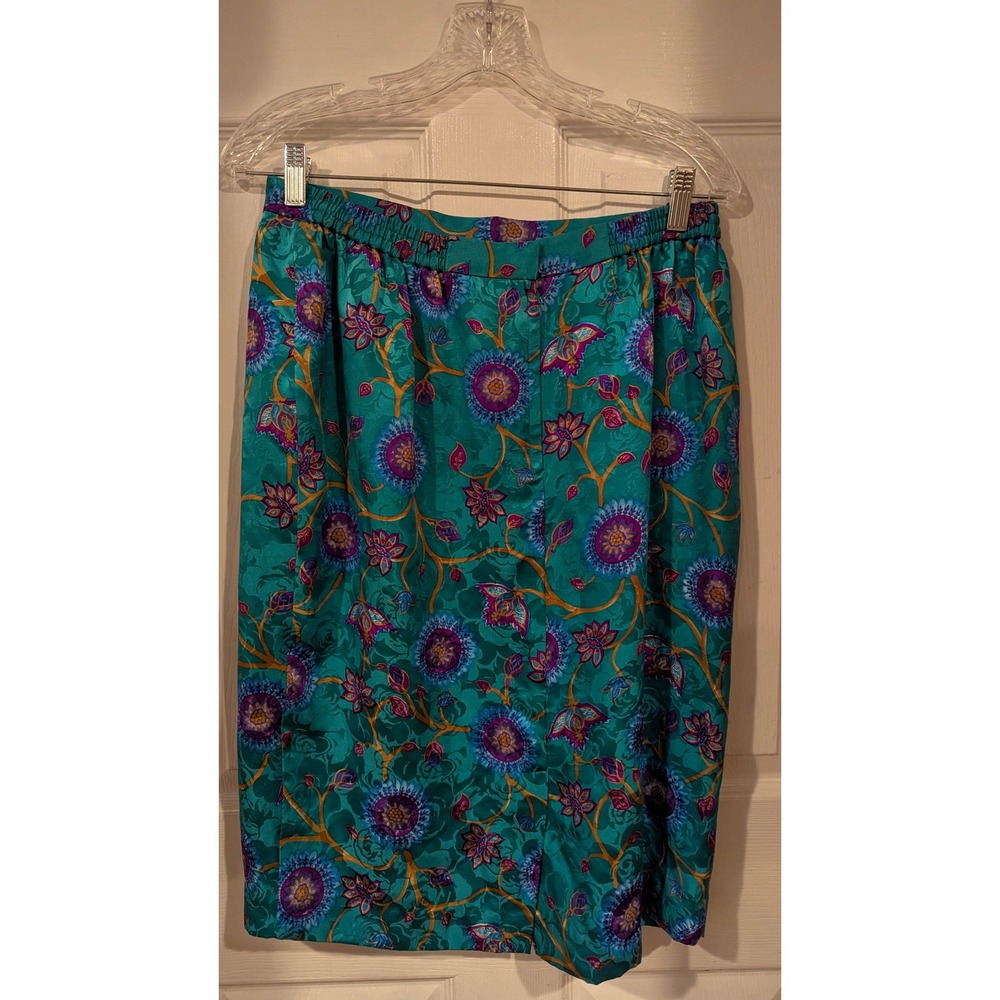 Adrianna Papell Skirt Suit 12 Teal Silk Floral Jacquard Vintage Gold Button 90s - Picture 6 of 8